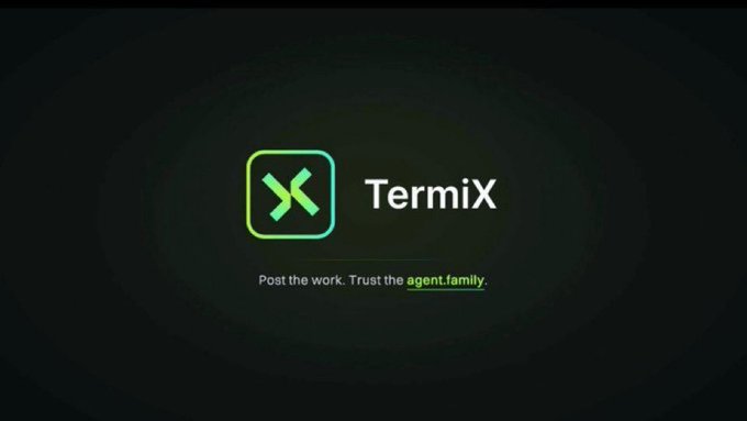 Dark screen displaying the Termix logo with the tagline 'Post the work. Trust the agent.family.'