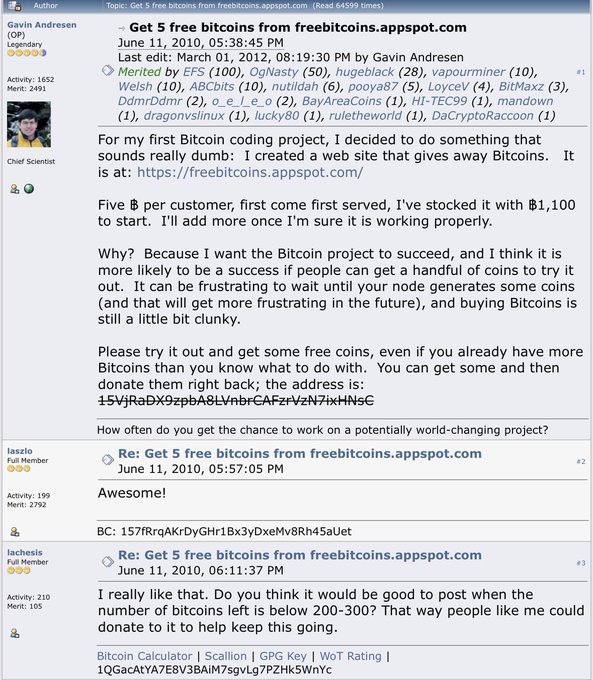 This image shows a June 11, 2010 forum post by Bitcoin developer Gavin Andresen announcing his "FreeBitcoins.appspot.com" website, which gave away 5 free bitcoins per customer and was initially stocked with 1,100 BTC to help newcomers try out Bitcoin. User replies include "Awesome!" from jaszlo and a suggestion from inetscence to post when the remaining bitcoin balance drops below 200-300, aligning with the post's description of the giveaway site aimed at simplifying Bitcoin adoption.