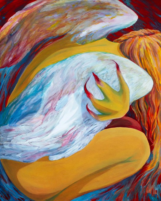 A vibrant, abstract oil painting featuring flowing brushstrokes in red, yellow, blue, and white, depicting an ethereal figure with what appears to be a wing or flowing form.