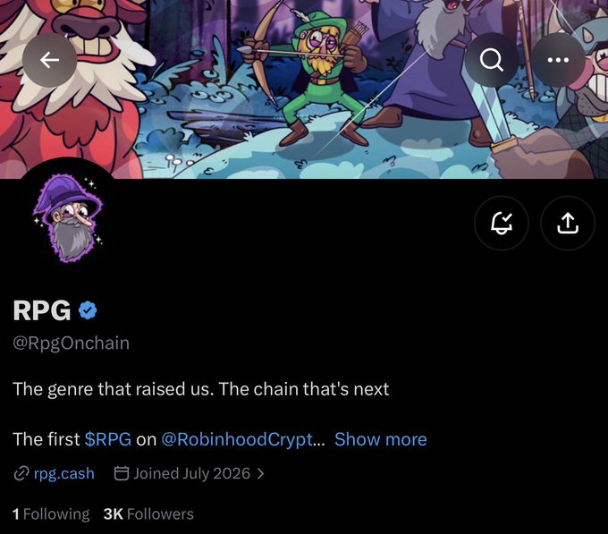 A Twitter/X profile page for 'RPG' (@RpgOnchain), verified, with bio 'The genre that raised us. The chain that's next. The first $RPG on @RobinhoodCrypt...' and 3K Followers.