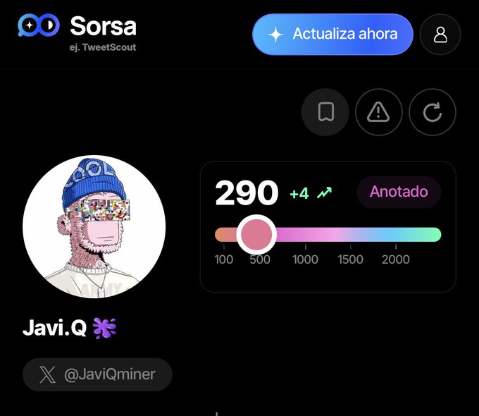 A profile page for 'Javi.Q' (@JaviQminer) showing a pixelated avatar with a blue 'COOL' hat, a score of '290 +4', and a button labeled 'Actualiza ahora'.