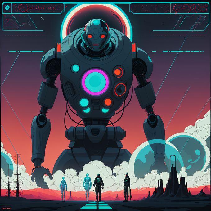 A sci-fi digital illustration depicting a massive dark robot with glowing cyan and red circular features towering over four small humanoid figures in a futuristic landscape with planets and structures.