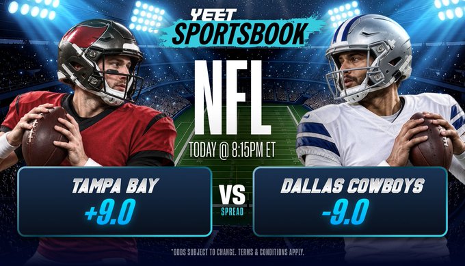 A sportsbook advertisement for an NFL game showing Tampa Bay (+9.0) versus Dallas Cowboys (-9.0), scheduled for today at 8:15 PM ET.