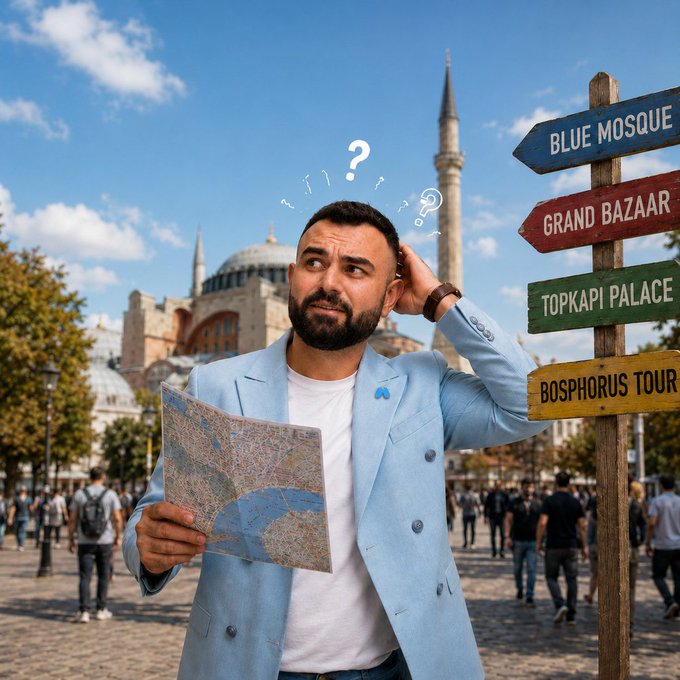 A man in a light blue blazer holds a map with a puzzled expression and question marks above his head, standing near a signpost pointing to "BLUE MOSQUE," "GRAND BAZAAR," "TOPKAPI PALACE," and "BOSPHORUS TOUR" in Istanbul, perfectly capturing "Captain Vugar's" indecision as he asks followers for a football fan's must-visit recommendation.
