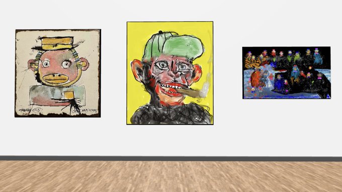 Three framed artworks displayed on a gray gallery wall, including an abstract drawing of a face, a portrait of a person with a green cap and exaggerated facial features on a yellow background, and a colorful painting of figures.