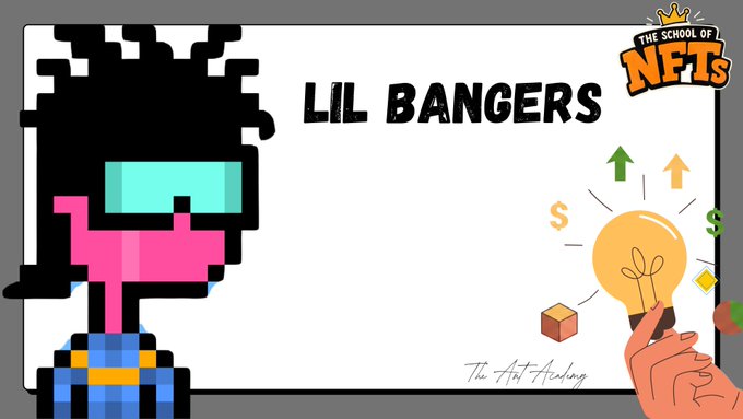 A digital artwork titled 'LIL BANGERS' from 'The Art Academy' featuring a pixel art character with a VR headset and a cartoon hand holding a lightbulb with dollar signs and arrows.