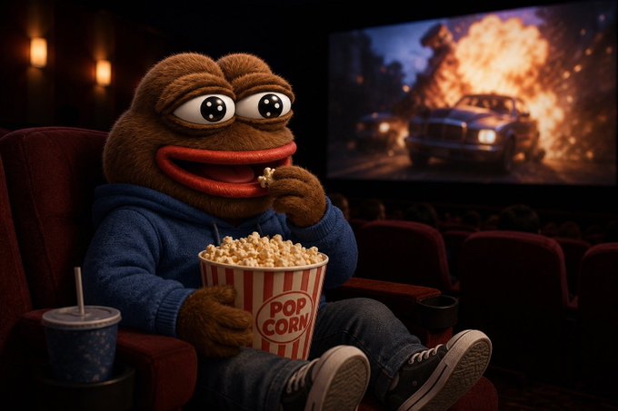 A plush puppet character in a blue hoodie sitting in a movie theater eating popcorn from a red-and-white striped bucket while an action scene with an explosion plays on the screen.