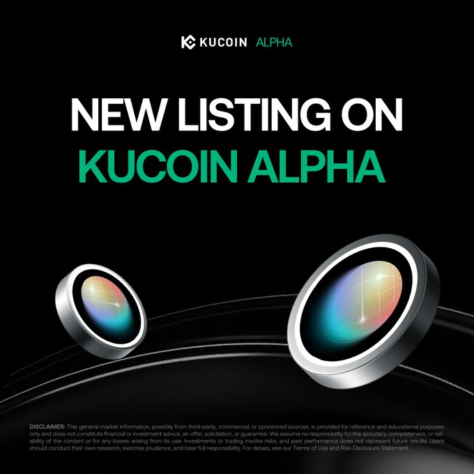 A promotional banner for "KUCOIN ALPHA" announcing a "NEW LISTING ON KUCOIN ALPHA" with two colorful lens-like graphics and a financial disclaimer at the bottom.