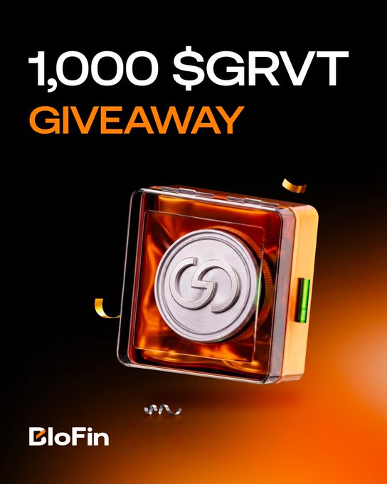 A promotional graphic for BloFin announces a "1,000 $GRVT GIVEAWAY," featuring the GRVT logo encased in a glowing transparent box with orange lighting, supporting the post's celebration of the GRVT token listing and the 1,000 GRVT rewards pool giveaway.