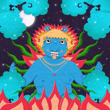 A colorful illustration shows a blue-skinned figure with a crown of flame emerging from fire, set against a starry night sky with a crescent moon.
