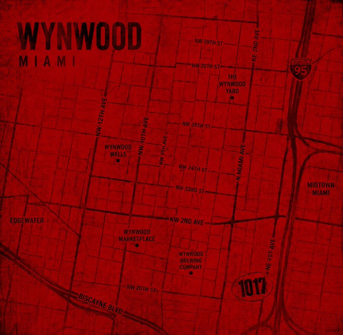 The image features a red map of Wynwood, Miami with various street names and locations such as "Wynwood Market Place", "Edgington", and "1017". The map also includes information about the intersection of WN 19th St and Edgington Ave. This map is related to the post because it provides directions or a visual representation of the area, which could be useful for someone looking for Wynwood or its surrounding streets.