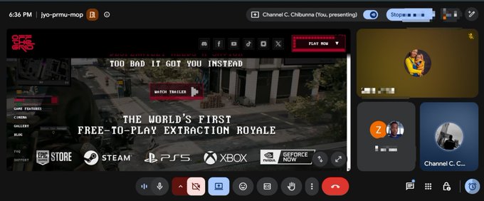 A Google Meet interface showing a presentation for the game 'THE FINALS' with the text 'TOO BAD IT GOT YOU INSTEAD' and 'THE WORLD'S FIRST FREE-TO-PLAY EXTRACTION ROYALE', along with logos for STEAM, PS5, XBOX, and GEFORCE NOW.