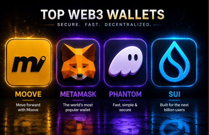 The image features four different logos for web3 wallets, each with a unique design and name. The first logo shows a fox's head wearing a top hat, while the second logo displays a ghost with a blue eye. The third logo features a white owl with a red beak, and the fourth logo showcases a blue fish with a green tail. These logos are part of an advertisement for web3 wallets that highlights their unique features and benefits.