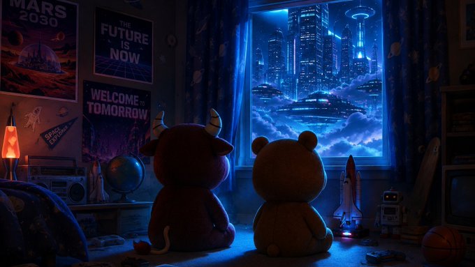 Two stuffed animals—a devilish bull with horns and a teddy bear—sit on the floor of a retro-futuristic bedroom, gazing out a window at a glowing neon cityscape hovering above the clouds. The room is decorated with posters reading "MARS 2030," "THE FUTURE IS NOW," and "WELCOME TO TOMORROW," while a "SPACE CAMP" pennant and a model rocket add to the sci-fi vibe, perfectly echoing the post's theme of unwinding after bullish trading and looking toward the future of markets.