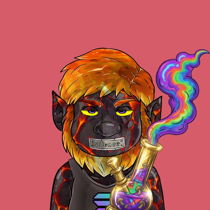 Cartoon illustration of a monkey character with magma-like cracked skin, blonde hair, a 'silence' mouth bar, and a glowing bong emitting rainbow smoke on a pink background.