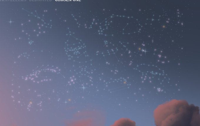 A night sky scene shows glowing constellations and stars against a gradient blue and purple background with soft pink clouds at the bottom, with text 'UNRIVALED DESIGNED CHOSEN ONE' partially visible at the top.