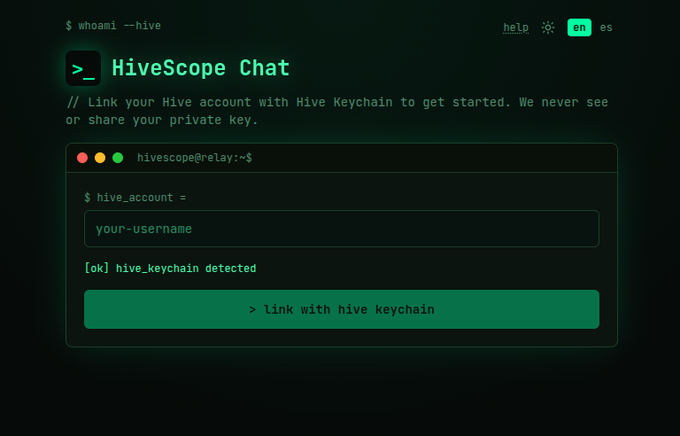 A dark-themed login interface for "HiveScope Chat" with the command "$ whoami --hive" and an input field for a username.
