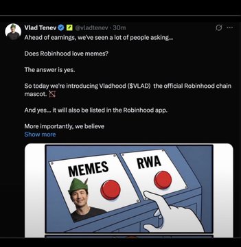 A tweet by Vlad Tenev (@vladtenev) announcing Vladhood ($VLAD) as 'the official Robinhood chain mascot,' featuring an image comparing MEMES and RWA.