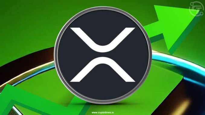 The image features the XRP cryptocurrency logo prominently displayed in a metallic circular emblem against a vibrant green background with directional arrows, visually reinforcing the post's call for Elon Musk to enable XRP payments on the X platform. The bottom shows a watermark from "cryptotimes.io."