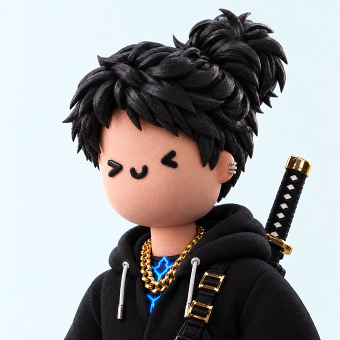A chibi-style figurine with a high ponytail, sleepy closed-eye expression, gold chains, and a black hoodie with a sword strapped to its back strikes a relaxed "good morning" pose, perfectly matching the chill GM greeting.