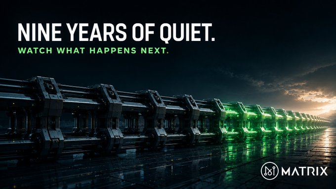 A row of futuristic mechanical pods stretches across a wet, dimly lit surface, with green light glowing from within the pods on the right side, echoing the iconic Matrix aesthetic. The text reads "NINE YEARS OF QUIET. WATCH WHAT HAPPENS NEXT." alongside the MATRIX logo, reinforcing the post's message of a long period of stillness now giving way to a new era of transformation.
