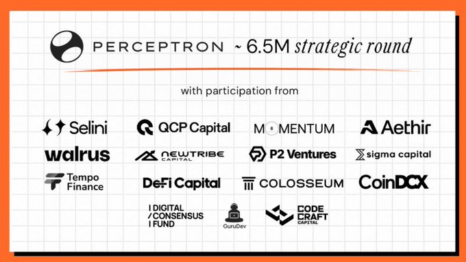 The image is a promotional graphic for Perceptron Network's $6.5 million strategic funding round, listing participating investors including Selini, QCP Capital, Momentum, Aethir, Walrus, NewTribe Capital, P2 Ventures, Sigma Capital, Tempo Finance, DeFi Capital, Colosseum, CoinDCX, Digital Consensus Fund, GuruDev, and Code Craft Capital, which aligns with the accompanying announcement of the financing completion.