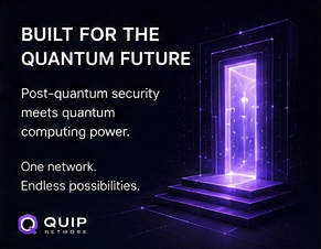 The image shows an advertisement with a purple doorway, indicating that "built for the Quantum future". The door frame contains information about "Post-quantum security" and "One network", suggesting the use of advanced technology for digital encryption and networking. The text within the photo explains how these advancements are crucial for the future.