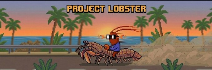 The image features a cartoon crab riding a car, with the text "Project Lobster" written above it. The background of the image shows palm trees and a beach scene at sunset. There are also some text elements present in the image that read "@lobsternft_lol", "@Crypto_Yapp", "#follow", "#like", "#RT", "#CommentETH wallet address 20 hours goodluck". These elements seem to be related to the post, possibly discussing or promoting a cryptocurrency project.