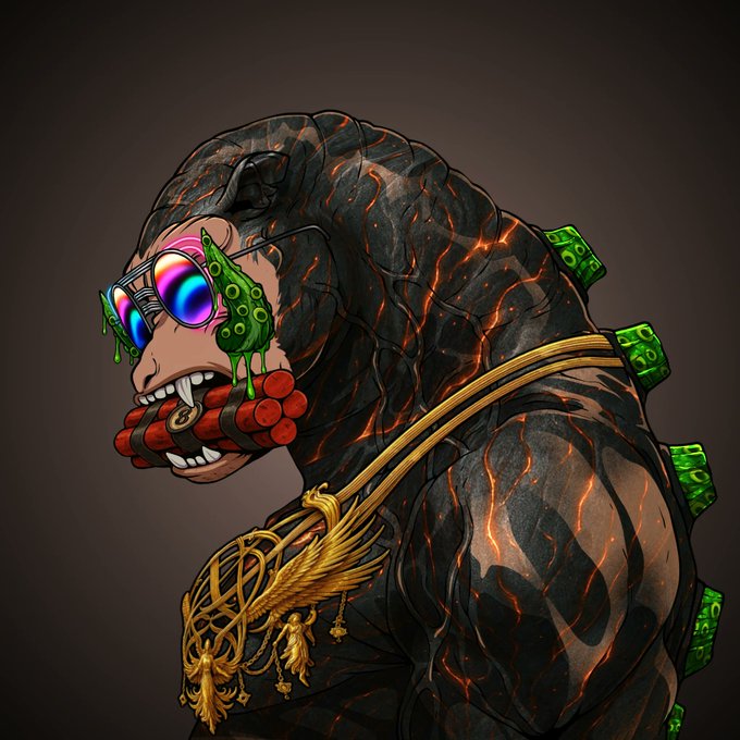 A muscular humanoid creature with lava-cracked dark skin, dripping green slime, rainbow goggles, a mouthful of fangs, red dynamite strapped across its face, and a gold phoenix emblem on its chest represents the mutated "Raysed Ravager #0394" NFT from the Ravagers Evolved collection, as referenced in the post's alert for the verify.cafe project on XRPL.
