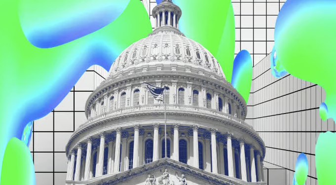A grayscale photo of the U.S. Capitol dome is overlaid with a green and blue graphic, visually representing crypto advocacy group Stand With Crypto's entry into the 2024 midterm elections as it endorses 32 House candidates ahead of Congress's return to Washington.