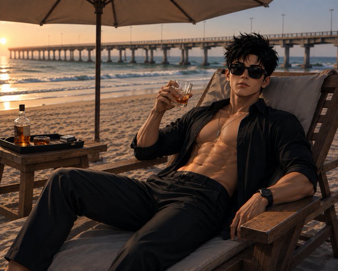 Digital illustration of a stylish young man in sunglasses lounging on a beach chair with a drink, with a pier and sunset in the background.