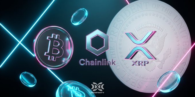 A neon-lit crypto montage displays glowing Bitcoin, Chainlink (LINK), and XRP tokens floating against a backdrop featuring the presidential seal, visually echoing the post's celebration of BTC breaking $77,000 and highlighting major weekly double-digit gainers like XRP and LINK.