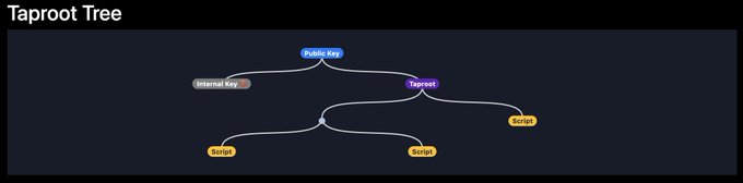 A diagram labeled 'Taproot Tree' showing a hierarchical structure with a 'Public key' at the top branching to 'Internal Key' and 'Taproot', which further branches to multiple 'Script' nodes.
