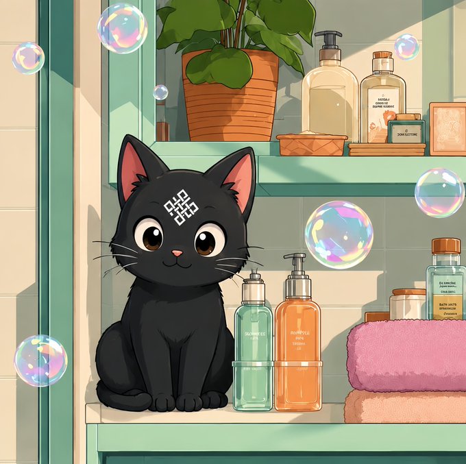 An illustration of a cute black cat with a white diamond pattern on its forehead sitting on a bathroom shelf surrounded by floating soap bubbles, soap dispensers, a potted plant, and pink towels.
