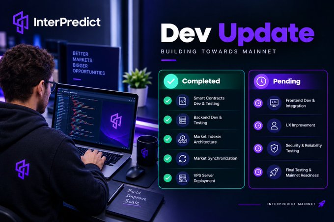 An "InterPredict" development update graphic titled "Dev Update: BUILDING TOWARDS MAINNET," listing completed tasks like Smart Contracts and Backend Dev & Testing, and pending tasks including Frontend Dev & Integration and Security & Reliability Testing.