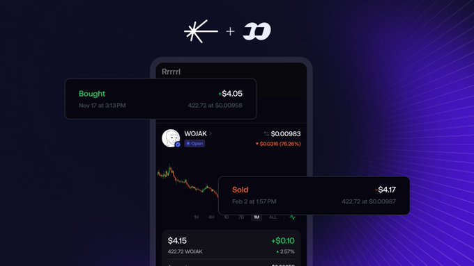 A mobile app interface showing a token trading screen with 'WOJAK' cryptocurrency data, displaying 'Bought' at $4.05 and 'Sold' at $4.17 transactions for 422.72 tokens.