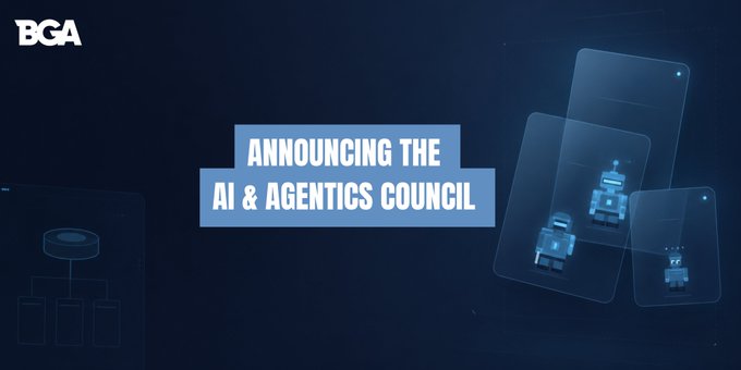 The image features a dark blue announcement banner with the "BGA" logo in the top-left corner, prominently displaying the text "ANNOUNCING THE AI & AGENTICS COUNCIL" in white lettering on a light blue badge. Decorative graphics of stylized robots on transparent panels and a small organizational chart appear on either side, visually representing the AI and agentic technology focus highlighted by the post about SKALE joining as a Founding Partner.