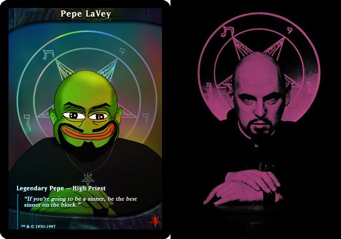 This image depicts a trading card for "Pepe LaVey" released in 1990, it reads "Legendary Pepe - High Priest." It features rare pepe lore, indicating it as a collectible item. Pepe LaVey, who was the founder of the Church of Satan.