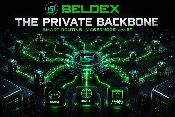 A promotional graphic for 'BELDEX' advertising 'THE PRIVATE BACKBONE' with 'SMART ROUTING MASERNODE LAYER', featuring a green tech-themed design with nodes connecting to BChat, BelNet, and Beldex Browser.