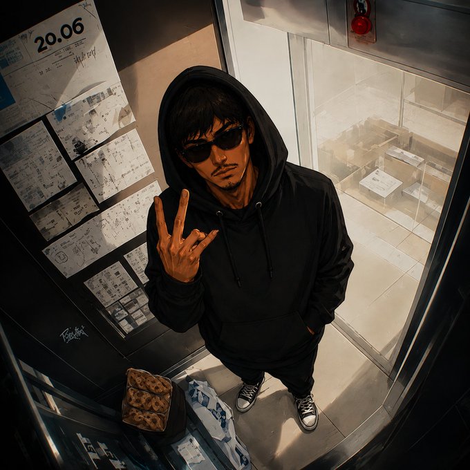 An illustrated figure wearing a black hoodie and sunglasses stands in an elevator, making a hand gesture while leaning against a wall covered in papers and a calendar marked '20.06'.