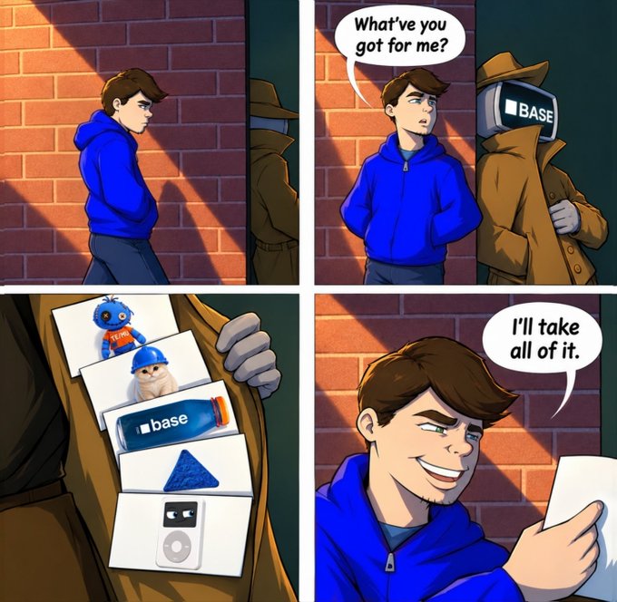 A four-panel comic showing a young man in a blue hoodie meeting a figure with a 'BASE' television for a head, who sells him meme merchandise featuring Stitch, Grumpy Cat, a blue bottle, and a pyramid.