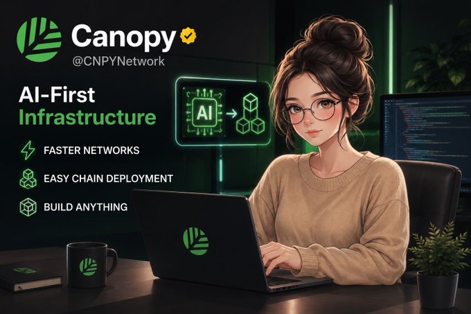 Promotional image for 'Canopy' (@CNPYNetwork) featuring an illustrated woman with glasses working at a laptop, advertising 'AI-First Infrastructure' with features like 'Faster Networks' and 'Easy Chain Deployment'.