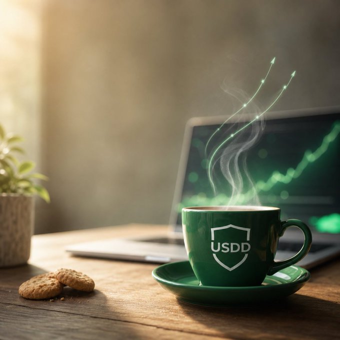 A steaming green coffee mug labeled "USDD" with a shield logo sits on a wooden desk beside a laptop displaying an upward green chart, accompanied by a small plant and cookies. The image reinforces the post's message of community-driven stablecoin innovation by visually associating USDD with growth (the rising chart) and the warmth of everyday, accessible finance—contrasting with the "corporate boardroom" transparency mentioned in the caption.