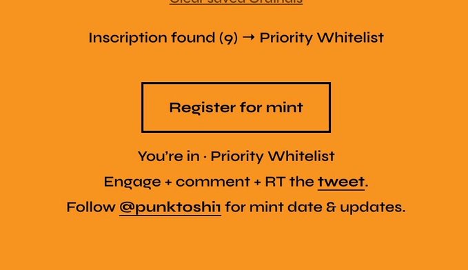 The image displays an orange confirmation screen with the text "Inscription found (9) → Priority Whitelist" and a "Register for mint" button, followed by instructions to engage, comment, and RT the tweet, and follow @punktoshi for mint date updates. It relates to the post by showing the user has successfully qualified for a priority whitelist spot by holding BTC inscriptions, directing them to register at apezindahood.xyz before the mint phase.
