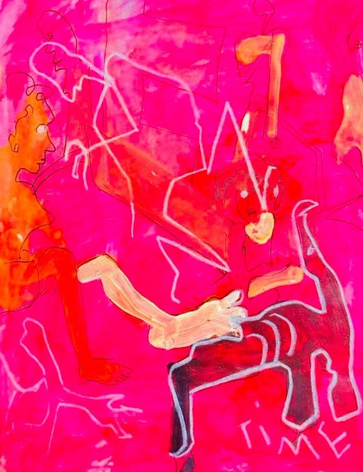 An expressive painting in vibrant pink, red, and orange tones depicting abstract figures, with the word 'TIME' written in the lower right corner.