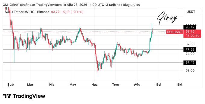 A TradingView daily candlestick chart for SOL/USDT on Binance, dated August 23, 2026, shows Solana's price at $93.72 (-0.10%), with a strong recent surge approaching resistance near $96.12. The chart visually supports the post's warning of a potential pullback, as price action has rallied sharply into a key resistance zone after months of sideways consolidation between $67.42 and $82.00.