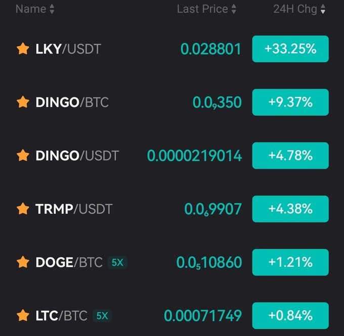 A cryptocurrency price ticker displaying LKY/USDT at +33.25%, DINGO/BTC at +9.37%, DINGO/USDT at +4.78%, TRMP/USDT at +4.38%, DOGE/BTC 5X at +1.21%, and LTC/BTC 5X at +0.84%.