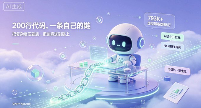 An AI-generated promotional image for CNPY Network features a robot character with Chinese text advertising blockchain creation with '200行代码,一条自己的链' (200 lines of code, your own chain) and highlights '793K+ 虚拟链测试网运行' (793K+ virtual chain testnet running).