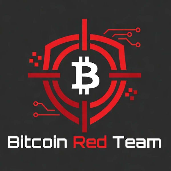 A logo featuring a red Bitcoin symbol inside a crosshair target with circuit board lines, labeled 'Bitcoin Red Team' in red and white text on a black background.