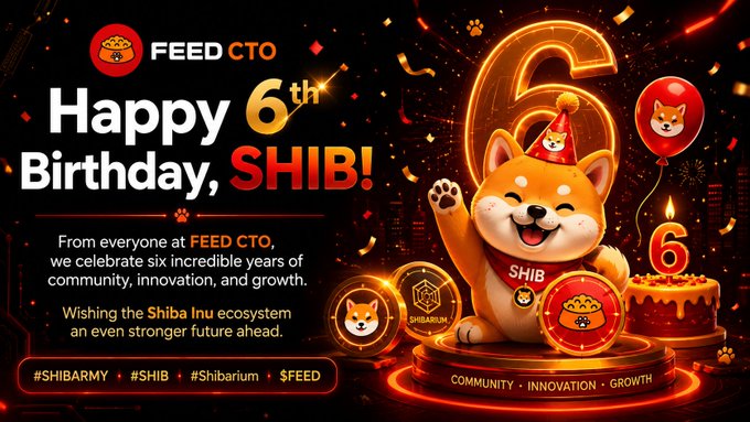 A festive graphic titled 'Happy 6th Birthday, SHIB!' from FEED CTO, featuring a cartoon Shiba Inu dog wearing a party hat, a birthday cake, and various Shiba Inu-themed crypto coins.